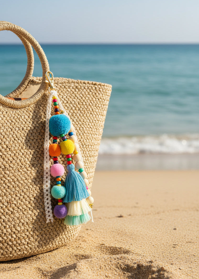 Bijou de sac Riviera bohème avec pompons multicolores sur panier de plage artisanal
