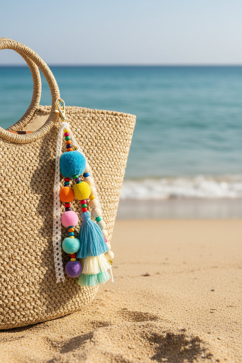 Bijou de sac Riviera bohème avec pompons multicolores sur panier de plage artisanal
