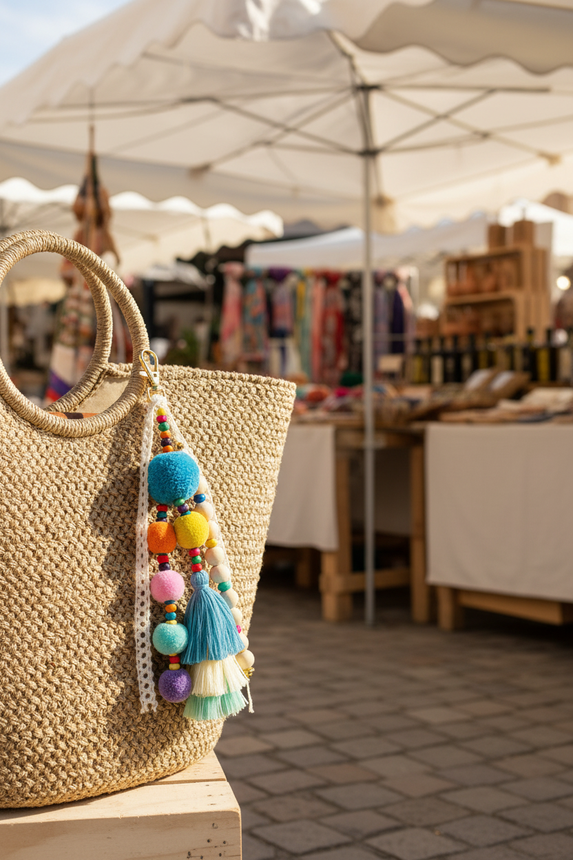 Accessoire de sac bohème Riviera avec pompons et dentelle blanche - marché 