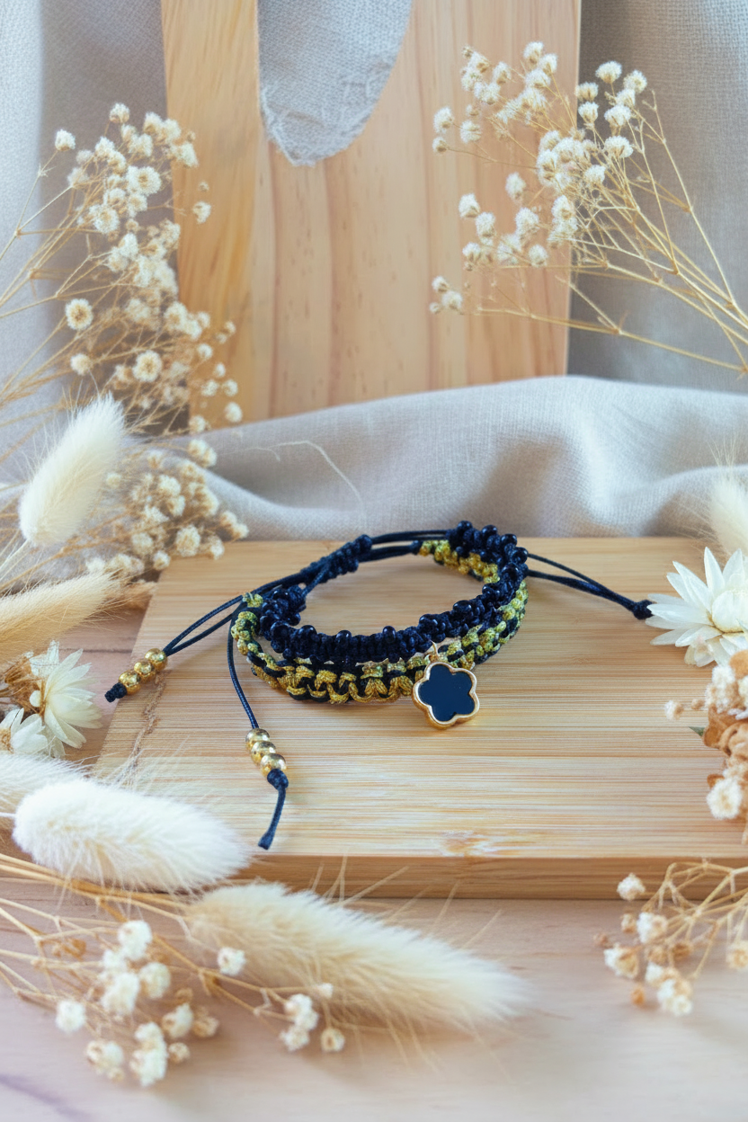 Bracelets artisanaux Joyas by Jo présentés sur un support en bois avec décor de fleurs séchées.