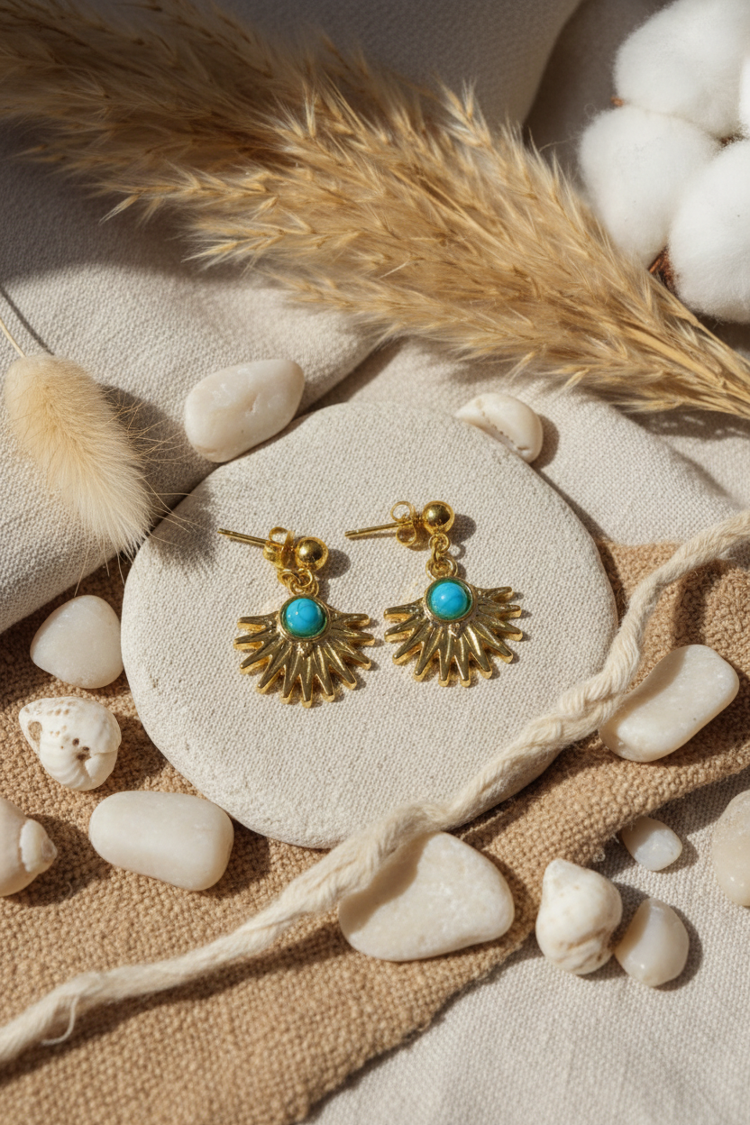 Paire de boucles d'oreilles Joyas by Jo en or et turquoise présentées sur un galet avec éléments naturels et coton, bijoux artisanaux.
