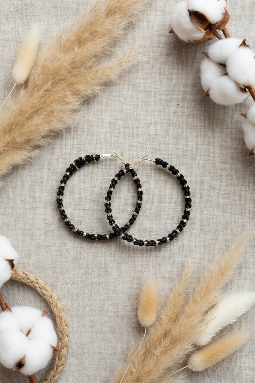 Paire de créoles Joyas by Jo en macramé noir avec perles dorées disposées à plat sur un tissu en lin entouré de fleurs de coton séchées.