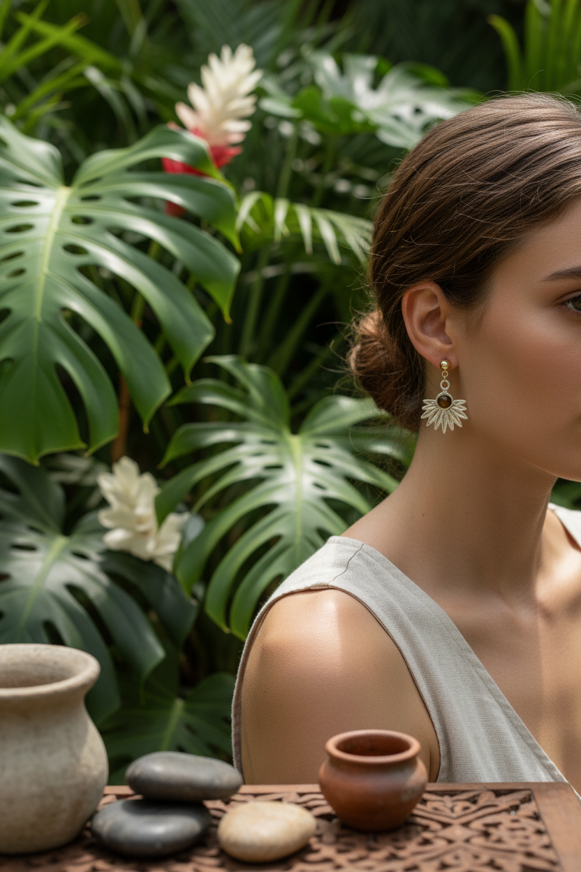 Femme de profil portant une boucle d'oreille soleil en argent et pierre brune de la collection Joyas by Jo, posant devant un mur de feuilles de Monstera et de fleurs tropicales.