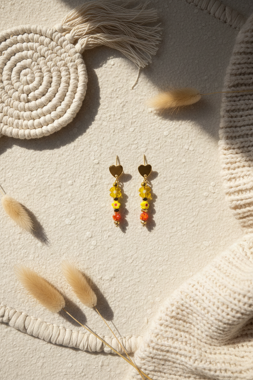 Paire de boucles d'oreilles pendantes Joyas by Jo avec clous en forme de cœur doré et perles fleurs jaunes et orangées, disposées sur un tapis en macramé beige avec des plumeaux de pampa.