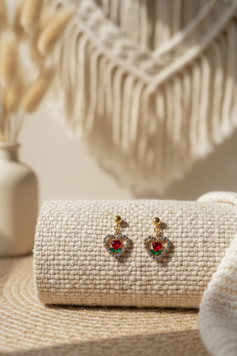 Boucles d'oreilles pendantes JoyasbyJo en forme de cœur doré, serties de cristaux bleus avec un motif de rose rouge centrale. Présentées sur un tissu texturé beige dans une ambiance bohème avec macramé en arrière-plan.