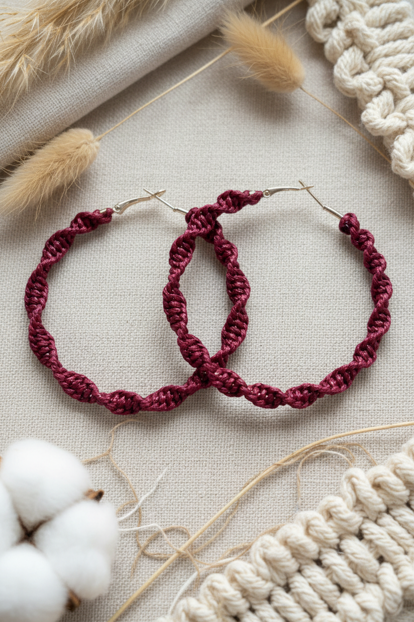 Boucles d'oreilles créoles Joyas by Jo en macramé bordeaux avec tressage en spirale sur fond texturé beige.