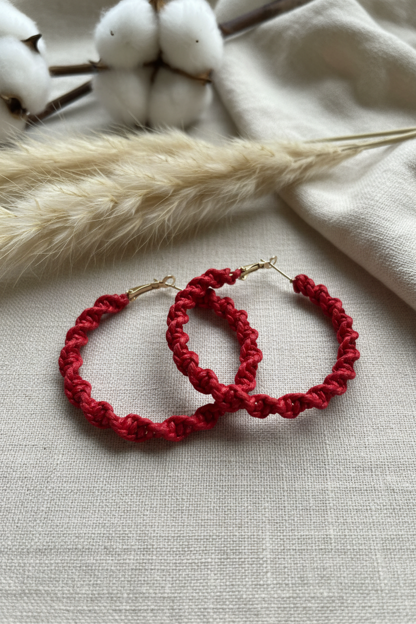 Boucles d'oreilles créoles Joyas by Jo en macramé rouge tressé avec attaches dorées sur fond textile épuré.