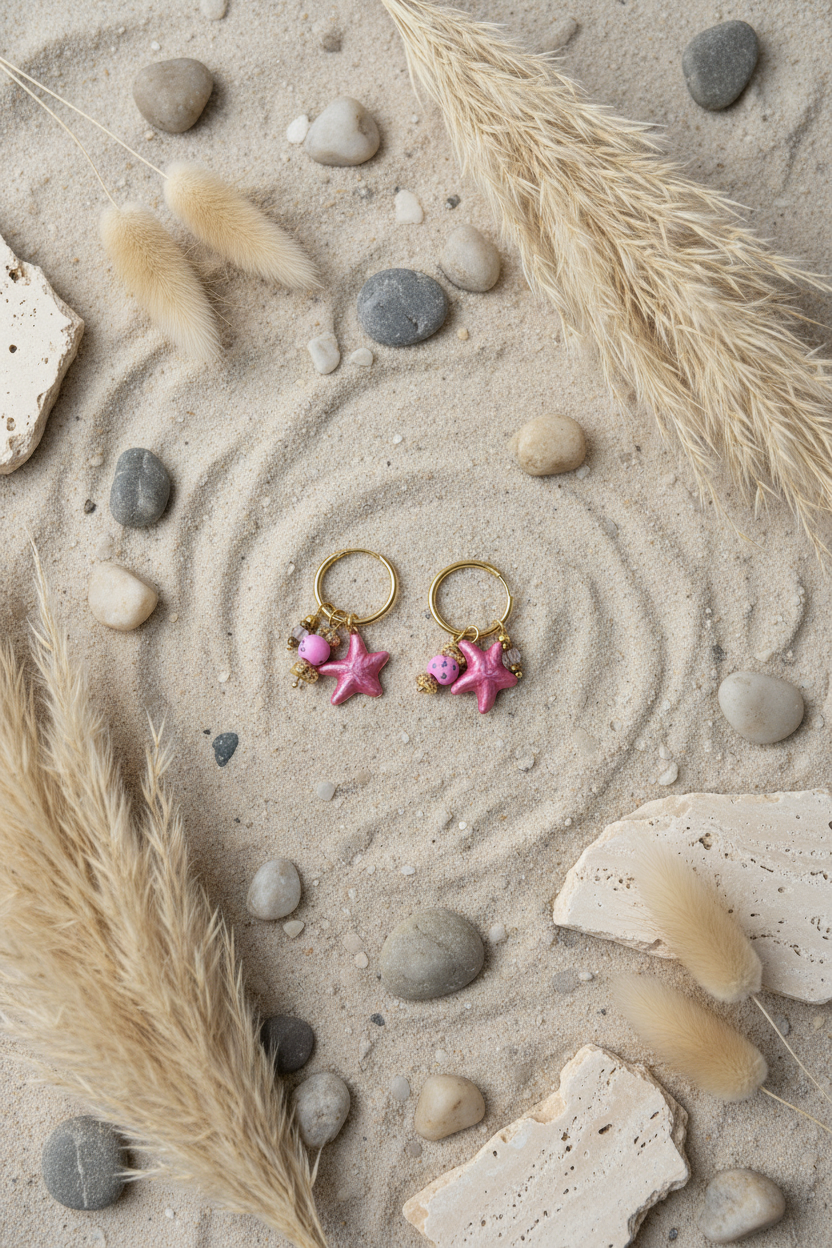 Boucles d'oreilles créoles dorées avec pampilles étoiles de mer roses Joyas by Jo, présentées sur du sable fin avec des coquillages et des herbes de la pampa.