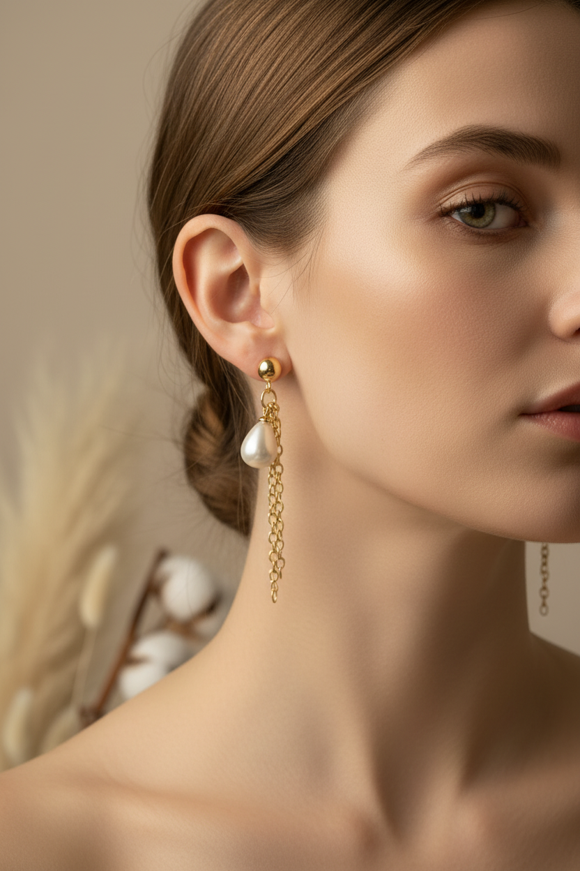 Gros plan d'une femme portant les boucles d'oreilles pendantes Joyas by Jo en or et perle goutte, illustrant la longueur et le porté élégant du bijou.