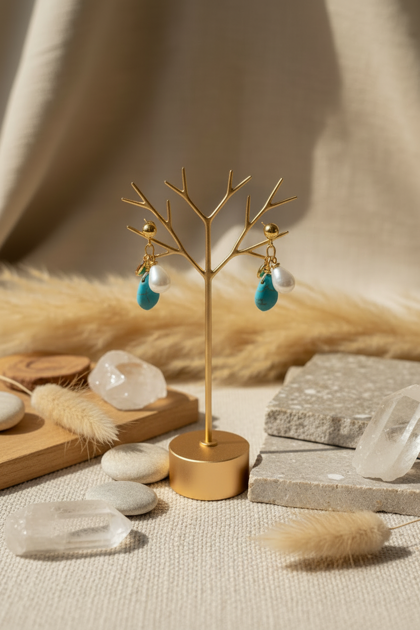 Paire de boucles d'oreilles pendantes Joyas by Jo avec perles d'eau douce et pierres turquoise sur un présentoir doré en forme d'arbre, décor bohème avec cristaux et pampas.