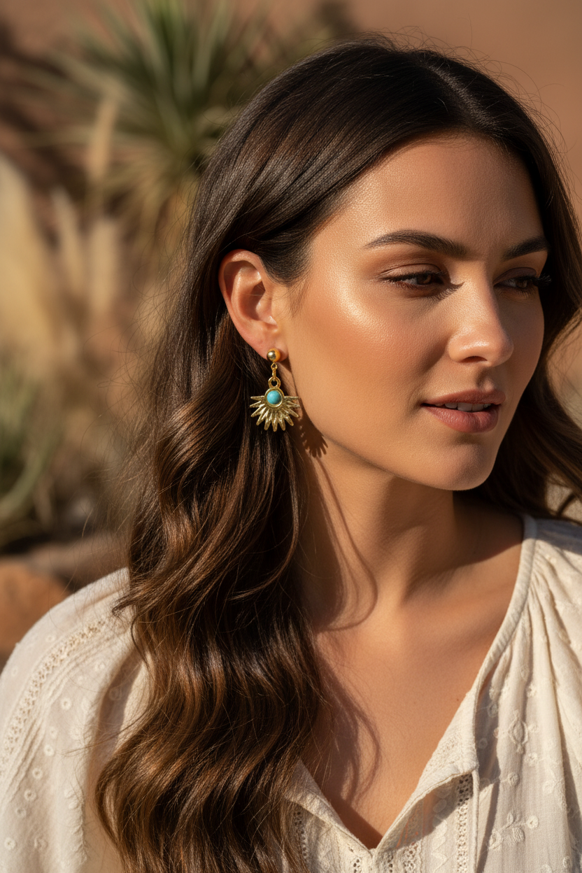 Femme de profil portant les boucles d'oreilles dorées en forme de soleil avec pierre turquoise de Joyas by Jo, style bohème chic.