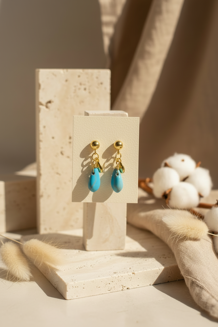 Boucles d'oreilles pendantes Joyas by Jo en or avec gouttes de turquoise et pampilles dorées sur un présentoir en pierre naturelle, ambiance bohème chic et solaire