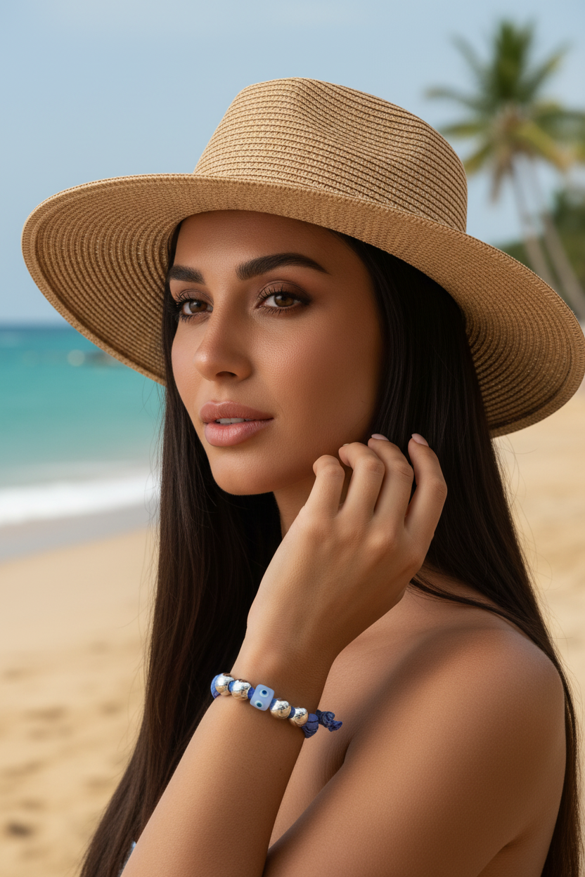 Portrait d'une femme brune portant un chapeau de paille et le bracelet Alisa au poignet, posant sur une plage ensoleillée Joyas by jo