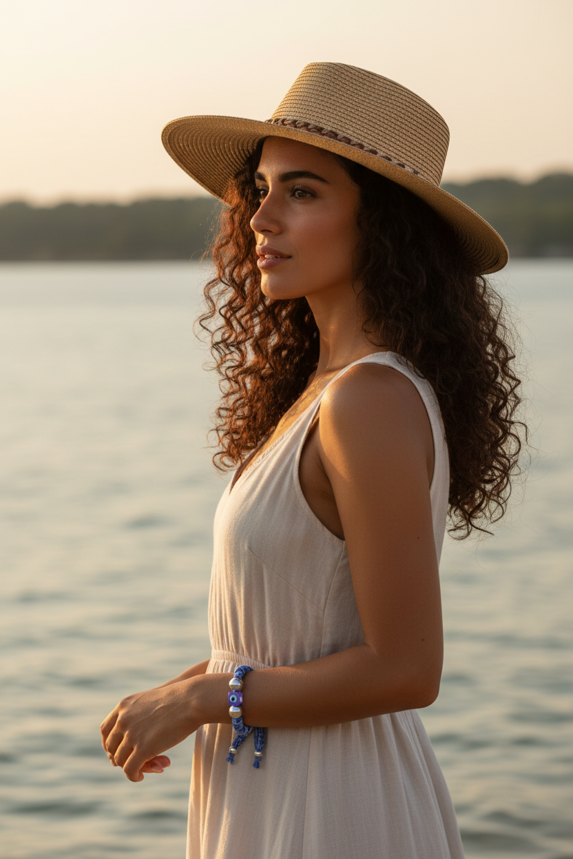 Profil d'une femme aux cheveux bouclés portant un chapeau, arborant le bracelet Anita "Aura Protectrice" au poignet face à un coucher de soleil sur la mer. Joyas by jo