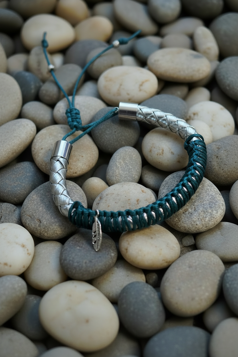 Gros plan d'un bracelet Joyas by Jo avec tressage bleu et cuir argenté sur un lit de galets lisses gris et blancs.
