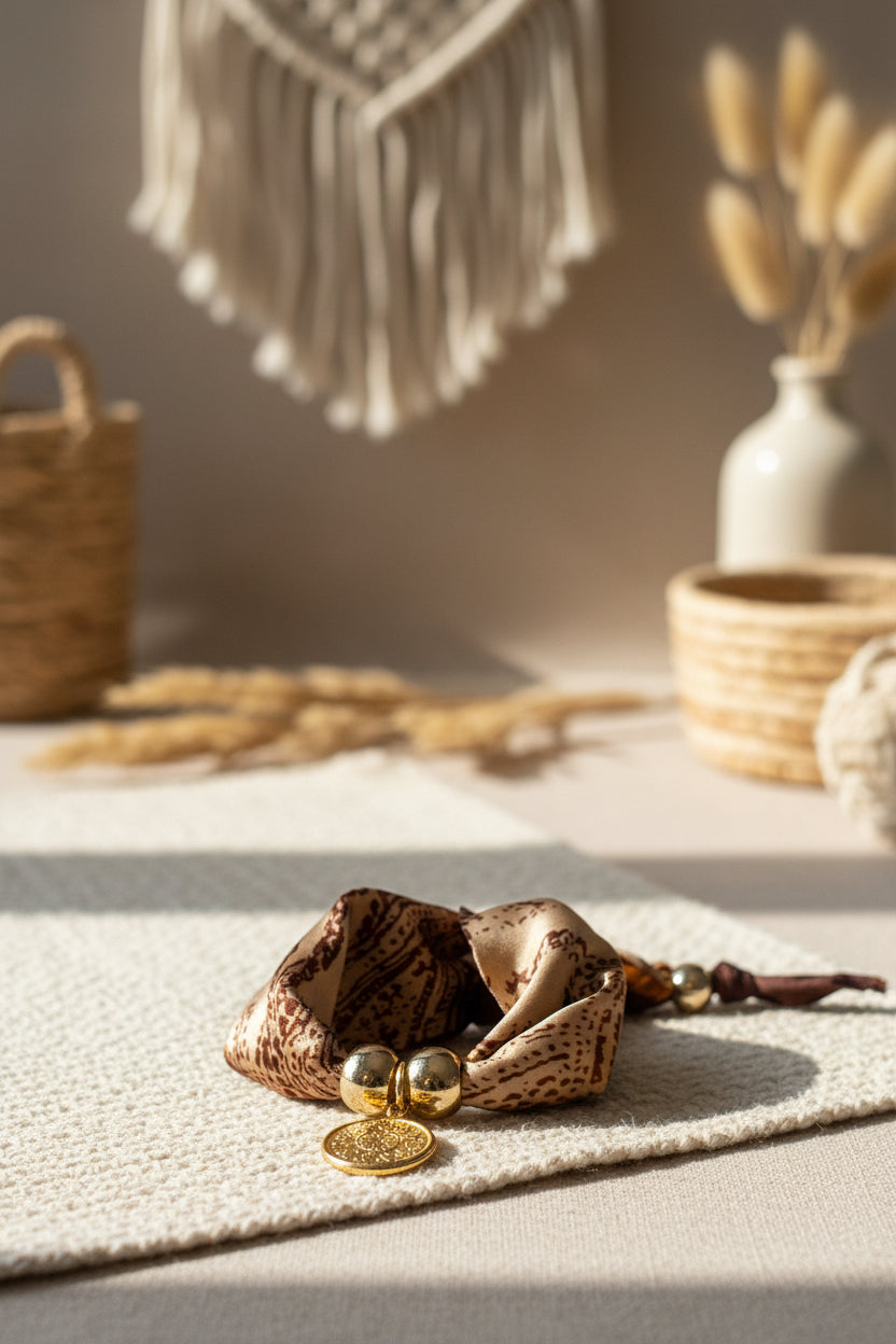 Bijou fait main aux tons terreux et dorés disposé horizontalement dans un décor intérieur lumineux et chaleureux Joyas by Jo 