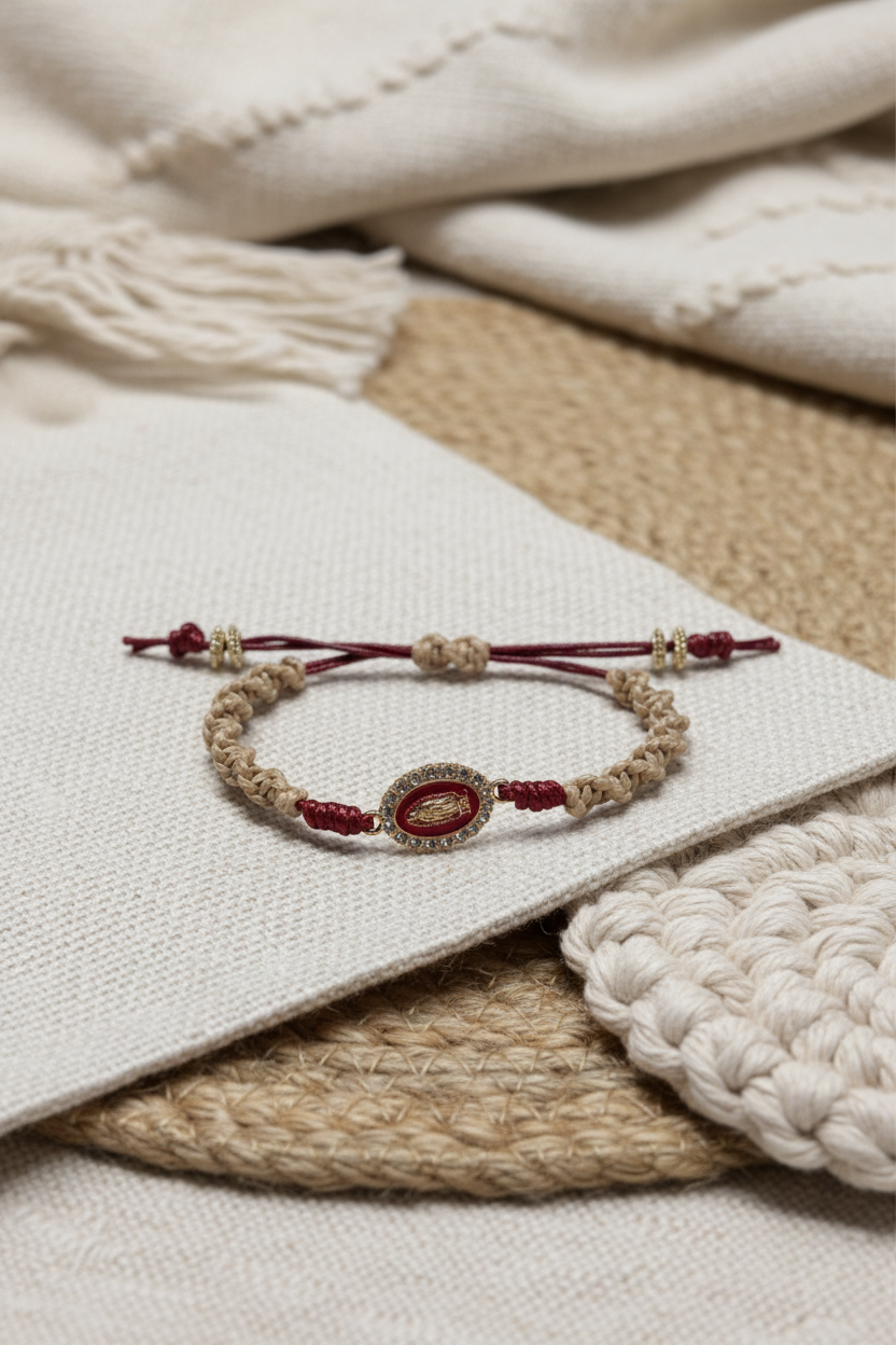 Bracelet artisanal Joyas by Jo en cordon tressé beige et bordeaux, orné d'un médaillon ovale rouge serti de cristaux sur un fond textile épuré.