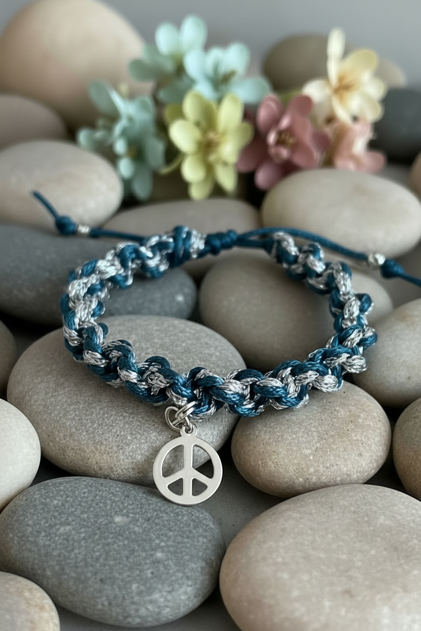 Bracelet artisanal bleu et argent peace and love pose sur des galets de riviere Joyas by Jo