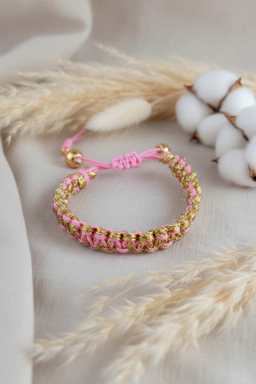 Détail d'un bracelet tressé artisanal Joyas by Jo aux fils dorés et roses sur fond doux avec fleurs de coton.