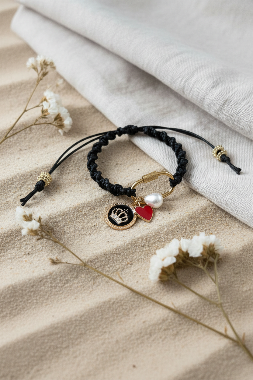 Bracelet artisanal Joyas by Jo en corde noire tressée avec breloques couronne, cœur rouge et perle sur sable fin.