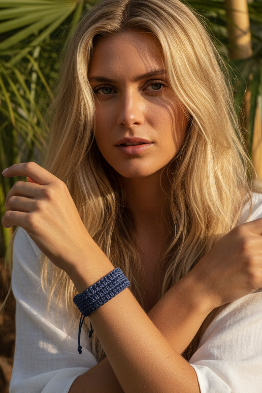Portrait d'une femme blonde portant un large bracelet en crochet bleu marine au poignet, ambiance estivale et naturelle.