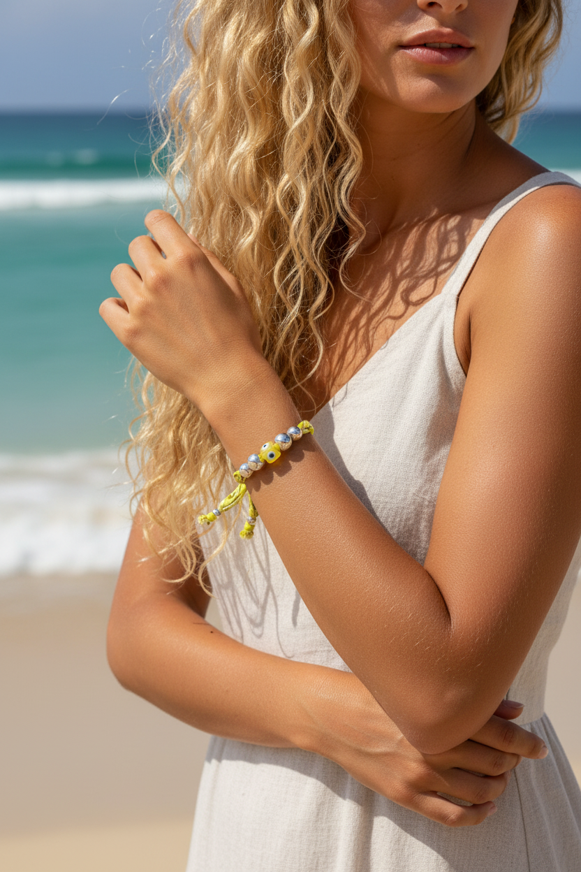 Gros plan du poignet d'une femme blonde portant le bracelet Elena "Éclat Solaire", dont le tissu jaune contrastant ressort sur une tenue blanche en bord de mer. Joyas by jo
