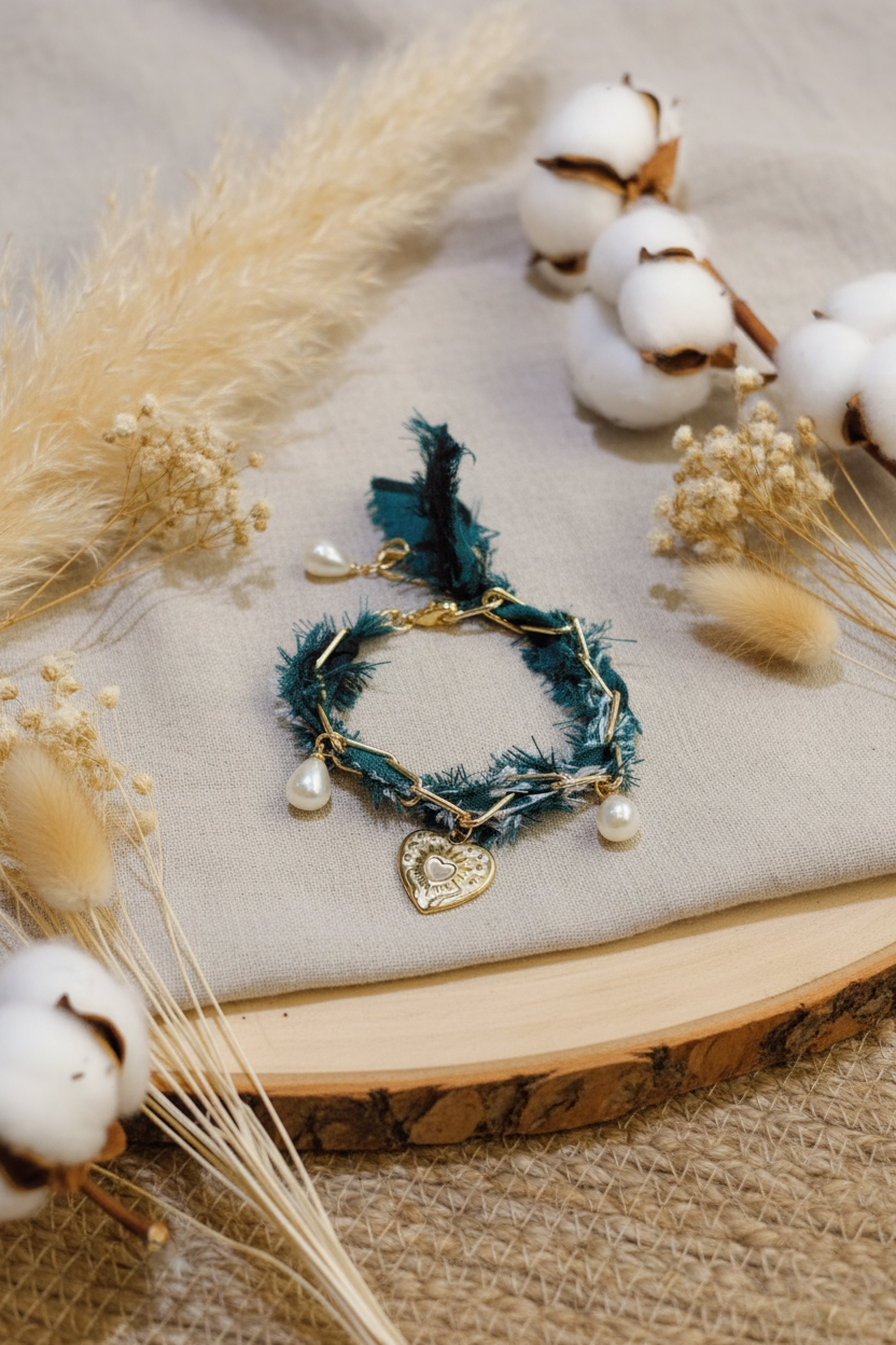 Bracelet artisanal Joyas by Jo en tissu émeraude avec charms cœur doré et perles blanches sur fond lin.