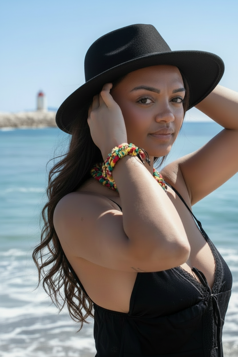 Joyas by jo Portrait d'une femme portant le bracelet Enola "Solaire" au poignet, accessoirisant une tenue de plage avec chapeau noir. Le bijou apporte une touche colorée et bohème face à la mer.