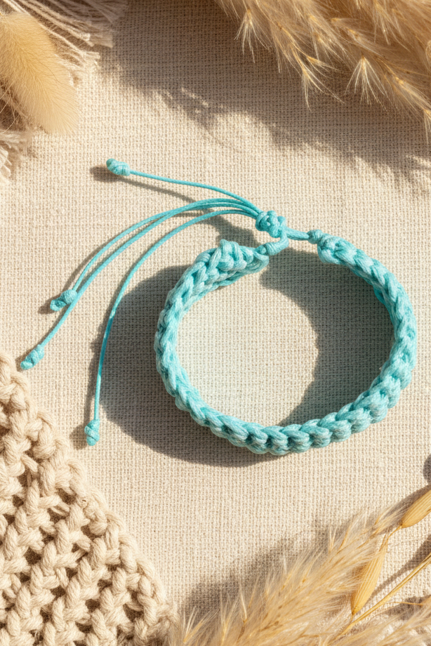 Vue aérienne d'un bracelet artisanal bleu ciel avec système de fermeture par liens coulissants et nœuds.