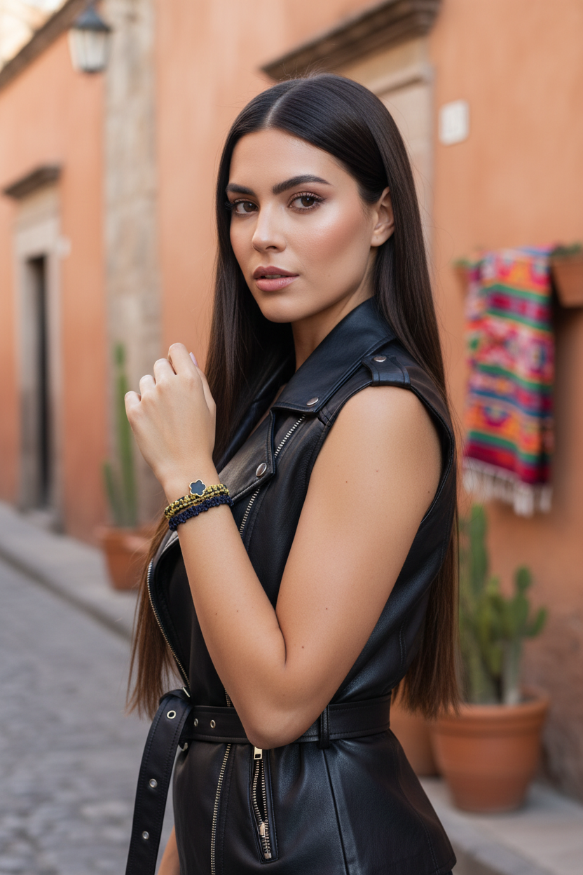 Femme portant le set de bracelets Joyas by Jo noir et doré avec une veste sans manches en cuir.