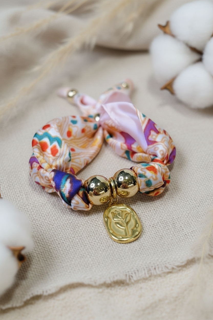 Gros plan sur le bracelet Flora "Éclat Parisien" composé d'un ruban en soie aux motifs floraux colorés, de deux perles dorées volumineuses et d'un pendentif médaille gravé en or. Joyas by jo