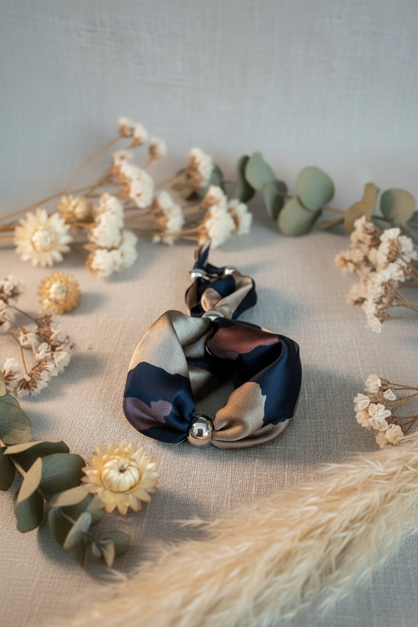 Bracelet foulard en soie aux motifs bleu marine et dore avec perles argentees sur fond lin.