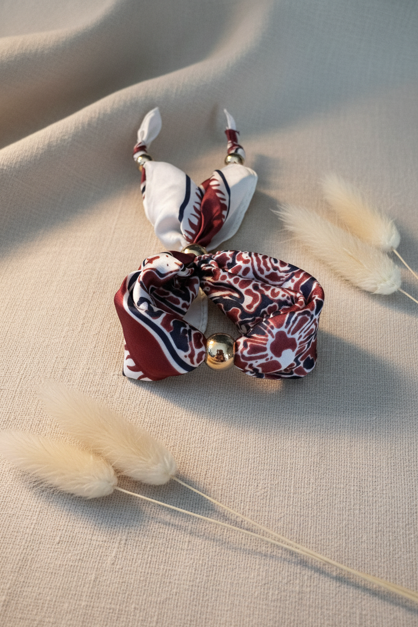 Bracelet foulard en soie Joyas by Jo aux motifs bordeaux et blancs avec perle dorée, posé sur un tissu beige.