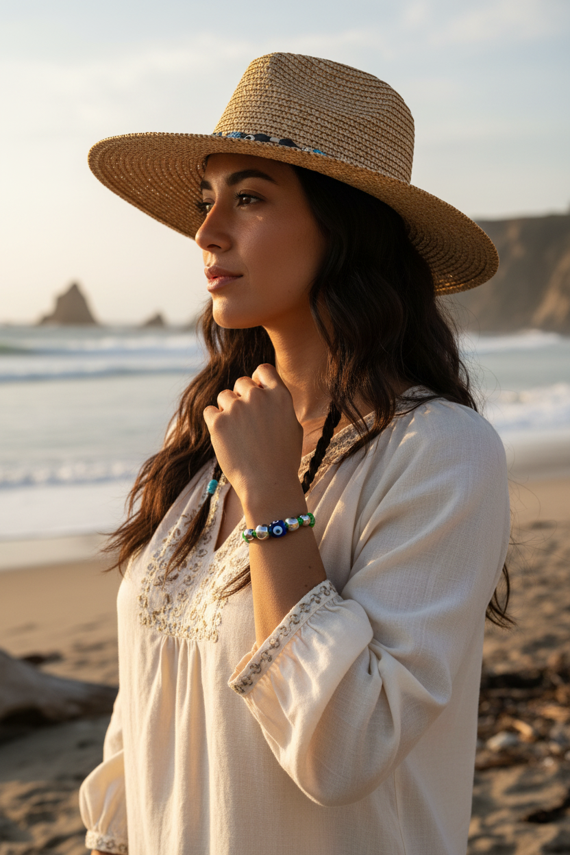 Profil d'une femme portant un chapeau de paille et une tenue blanche, arborant le bracelet Julia au poignet avec la mer et des falaises en arrière-plan. Joyas by jo