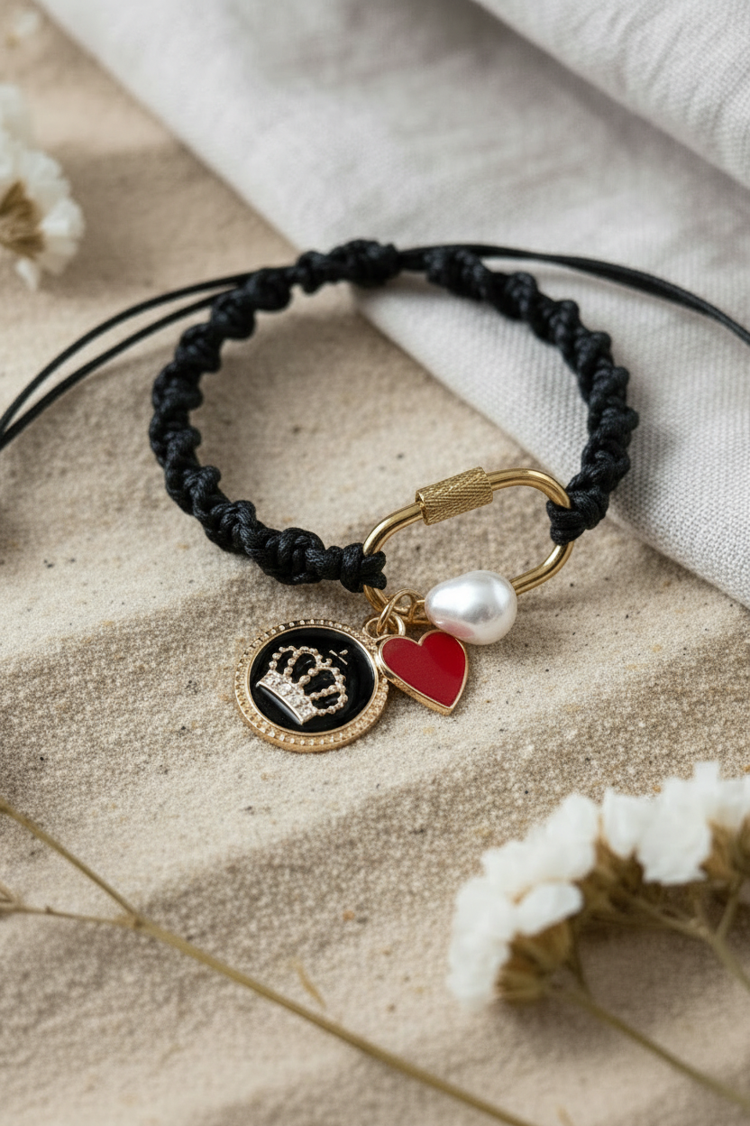 Détail du bracelet Joyas by Jo porté au poignet avec manteau en fourrure noire et tour Eiffel en arrière-plan flou.
