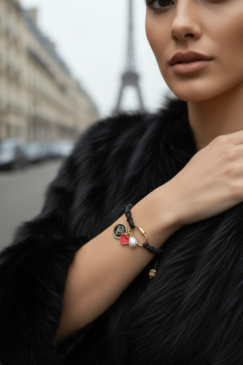 Détail du bracelet Joyas by Jo porté au poignet avec manteau en fourrure noire et tour Eiffel en arrière-plan flou.