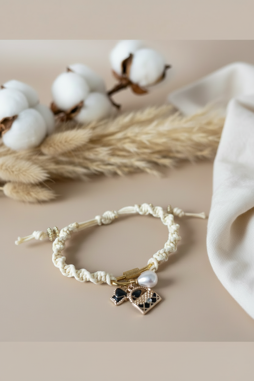 Bracelet en macramé crème avec perle d'eau douce et charms dorés Joyas by Jo posé sur un décor naturel de coton.