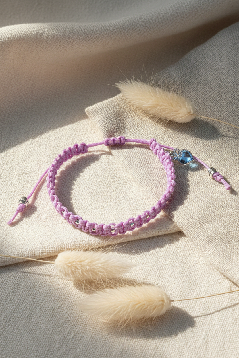 Bracelet en macramé mauve artisanal avec un pendentif en forme de cœur bleu scintillant, disposé sur un tissu en lin naturel avec des fleurs de pampa séchées.