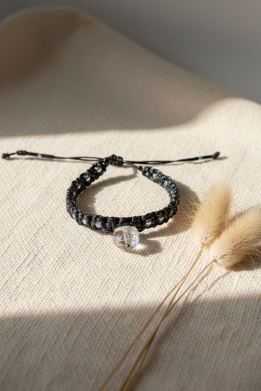 Bracelet macramé noir et bleu Joyas by Jo avec perles irisées et pendentif central en cristal transparent sur fond texturé avec galets blancs.