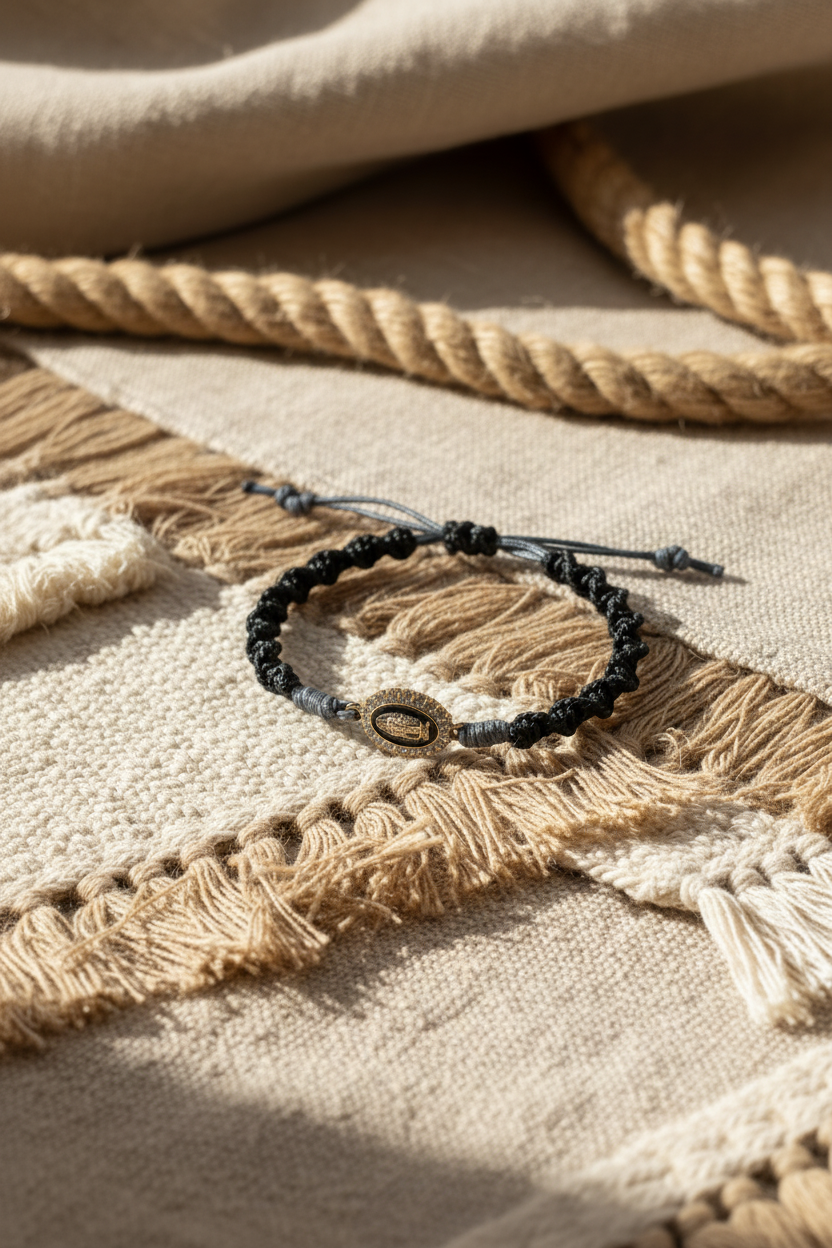 Bracelet en macramé noir artisanal avec médaille ovale dorée sertie de cristaux, posé sur un tapis en jute bohème par Joyas by Jo.