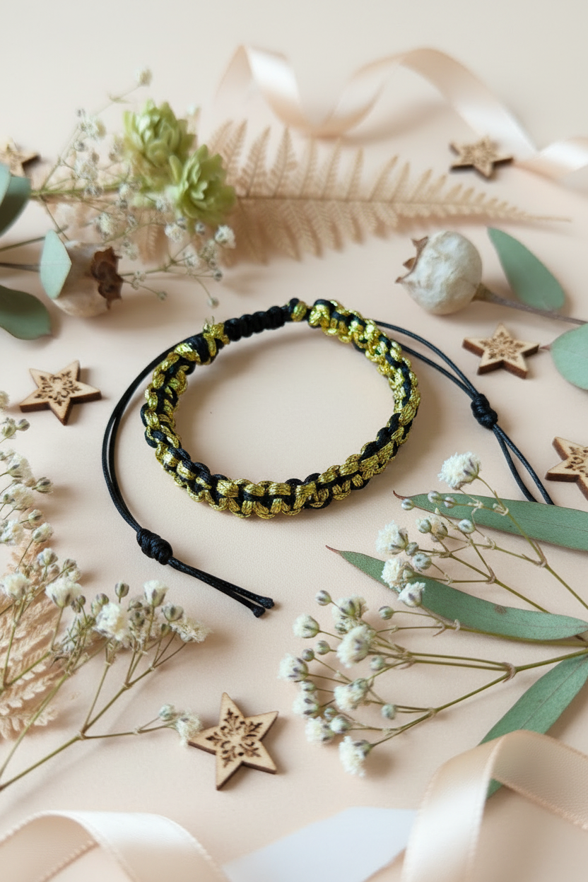 Bracelet macramé tressé noir et fil doré brillant, présenté sur un fond épuré avec des étoiles en bois et fleurs séchées, Joyas by Jo.