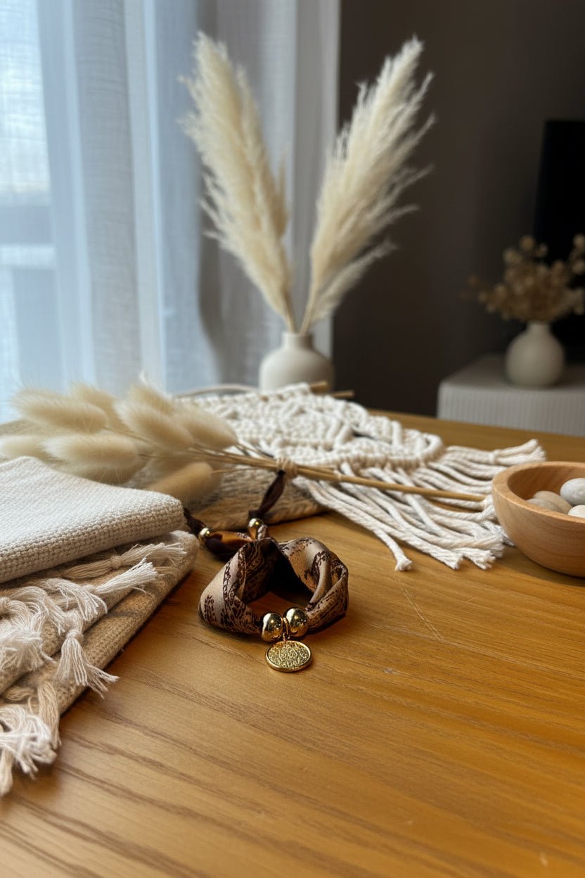 Bracelet artisanal en tissu brun et doré posé sur une table en bois clair avec une décoration de pampas et de macramé en arrière-plan.