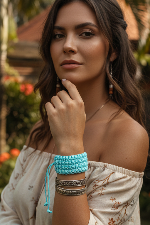 Gros plan d'une femme portant le bracelet manchette bleu turquoise associé à des joncs argentés gravés.
