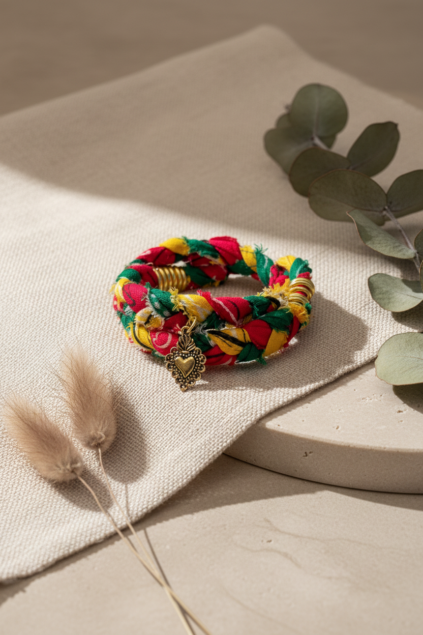 Joyas by joJoyas by Jo Gros plan sur le tressage texturé du bracelet Enola "Solaire" aux couleurs vives. Le bijou est mis en scène dans une ambiance naturelle avec des éléments végétaux 