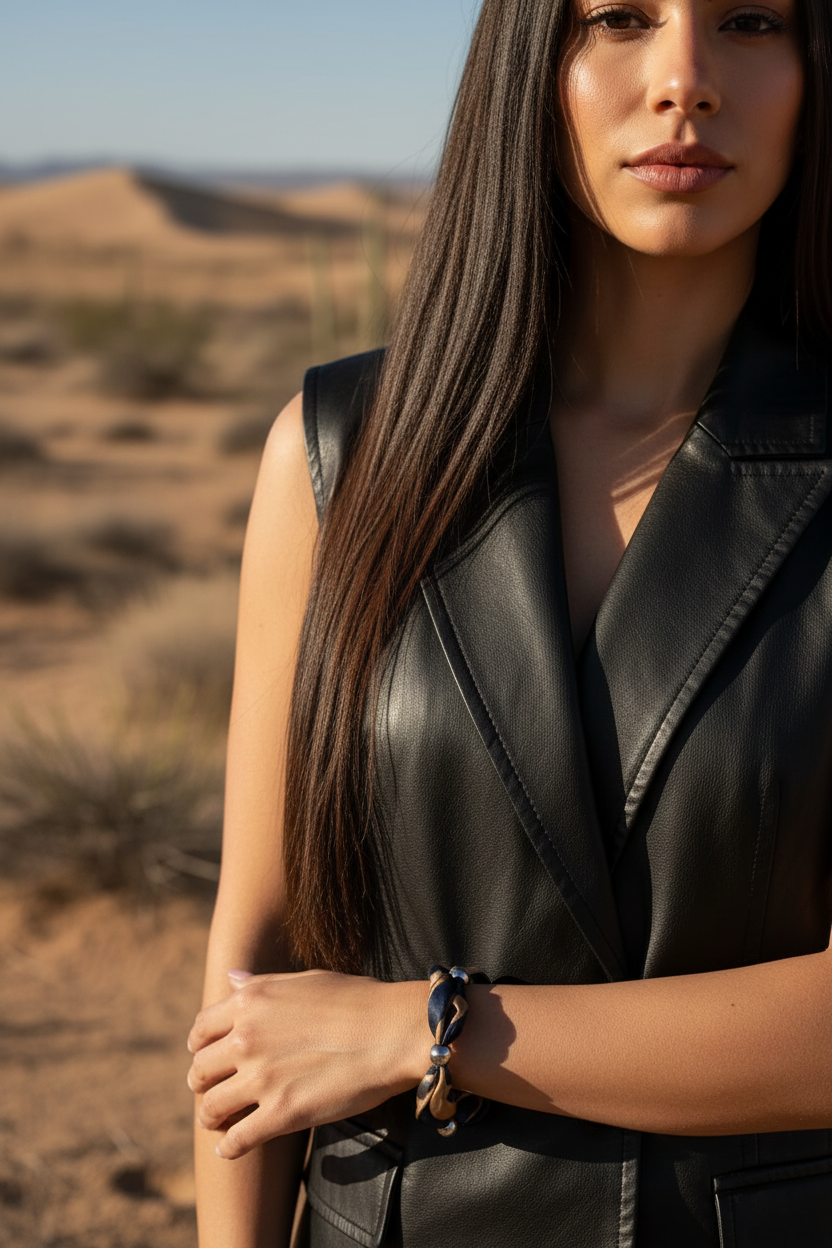 Portrait de femme en gilet de cuir noir portant un bracelet foulard artisanal dans un decor de desert.