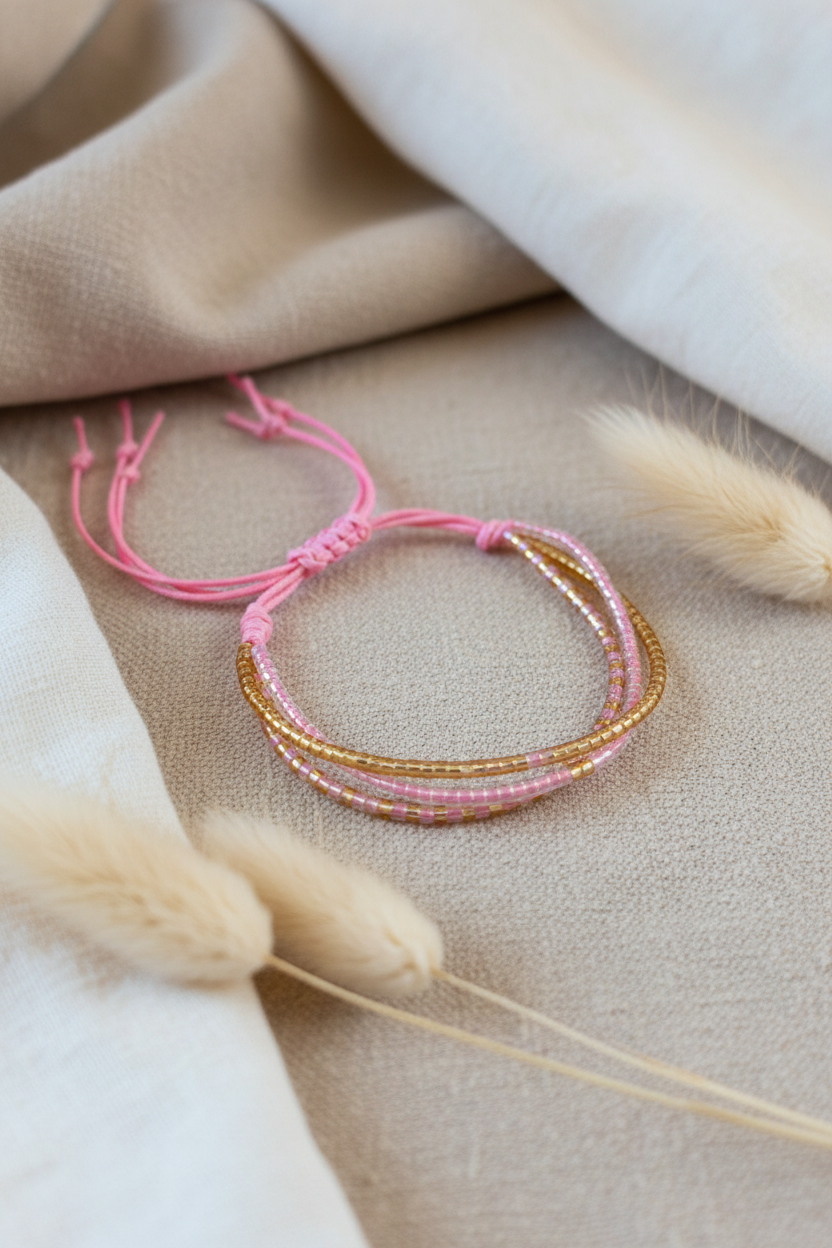 Bracelet multi-rangs Joyas by Jo en perles de rocaille dorées et roses avec cordon coulissant rose.