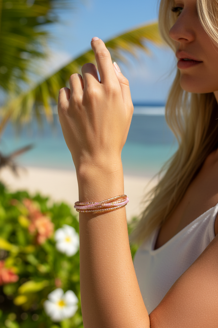 Bracelet multi-rangs en perles Joyas by Jo porté au poignet dans un décor de plage tropicale.