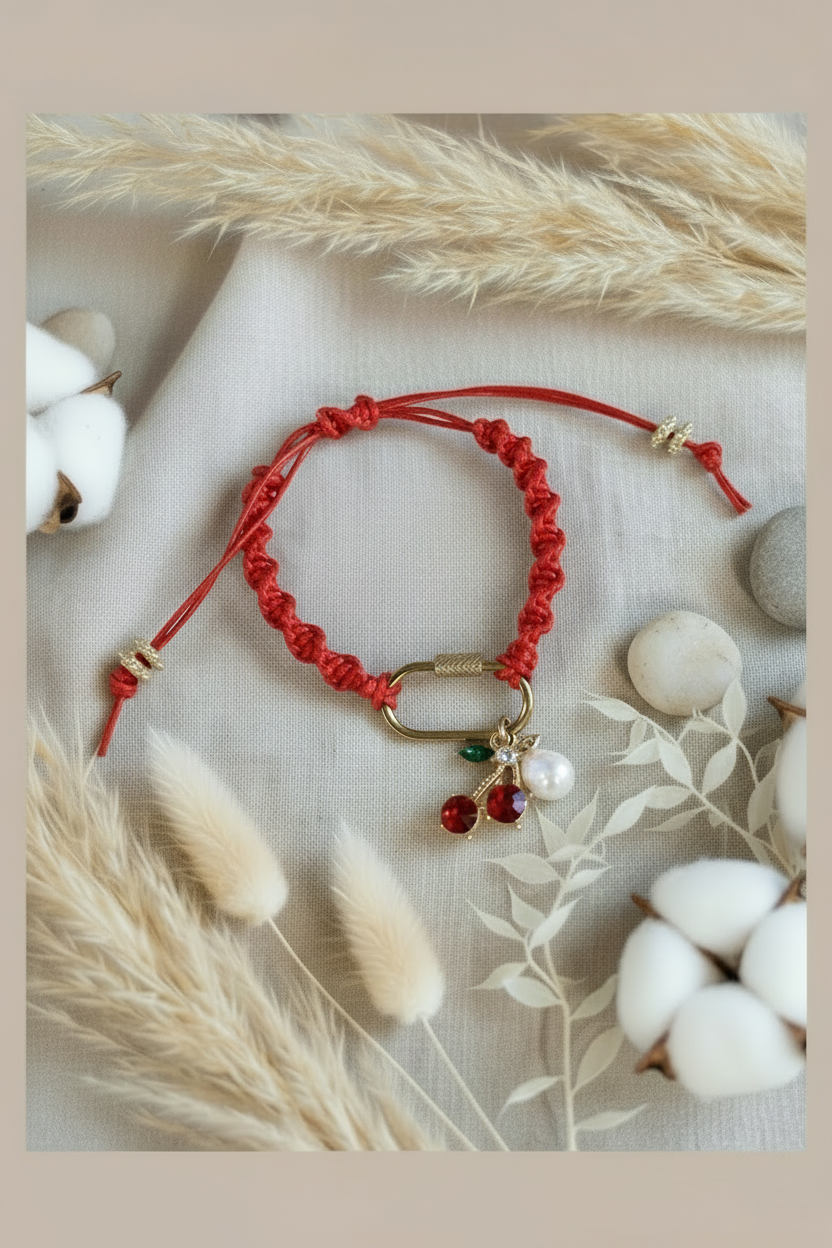 Bracelet rouge Joyas by Jo en cordon tressé avec fermoir mousqueton doré et charms cerise en cristal et perle blanche sur fond bohème.