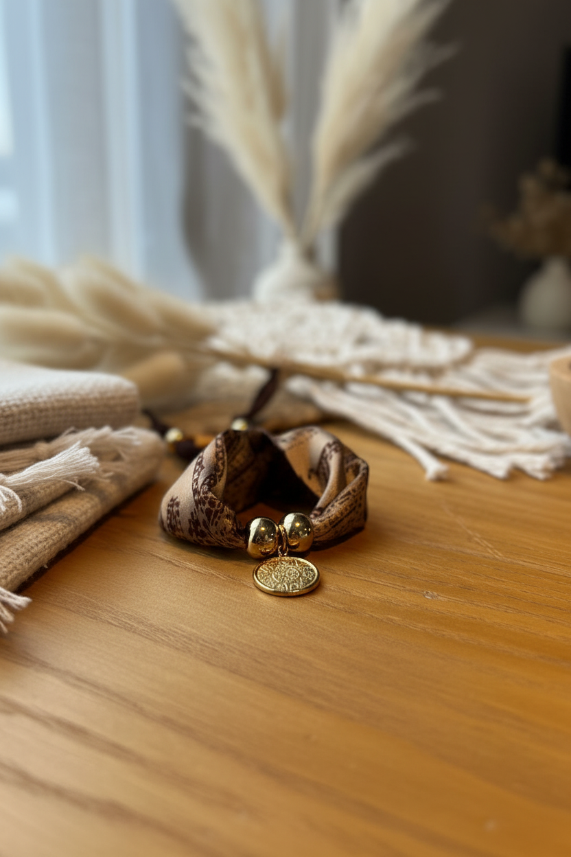 Détail des finitions d'un bracelet en ruban et laiton doré posé sur un support en bois dans une ambiance bohème chic 