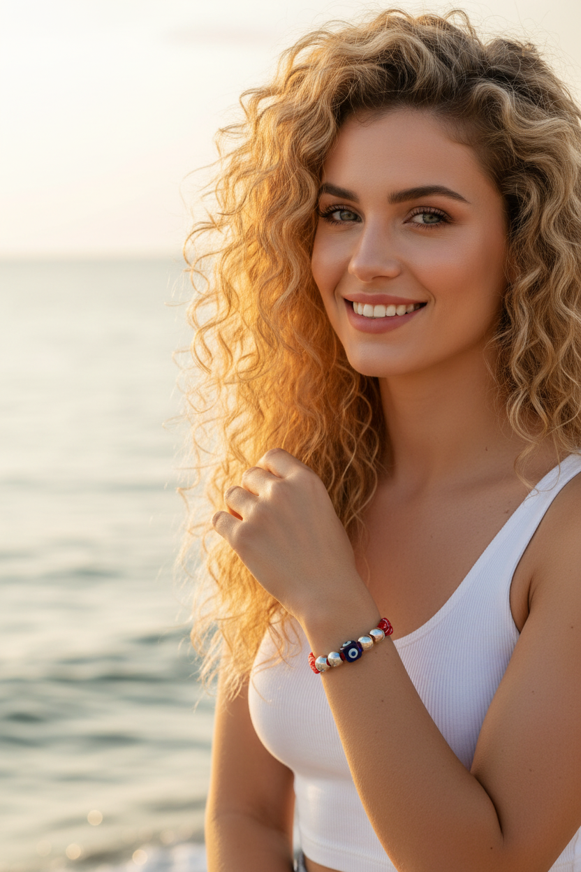 Portrait d'une femme souriante portant le bracelet Tessa "Passion" au poignet. Le rouge éclatant du bijou contraste avec le paysage marin en arrière-plan sous une lumière de fin de journée. Joyas by jo